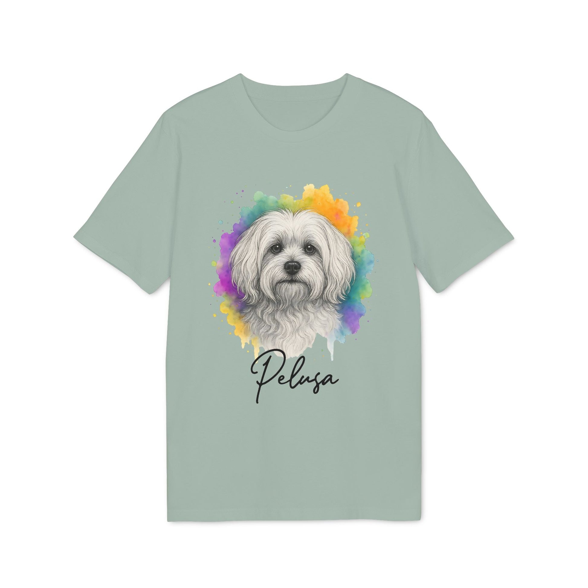 Alt Tag: Maltese Personalized Dog Premium Unisex T-Shirt with watercolor Maltese portrait and personalized name "Pelusa" graphic