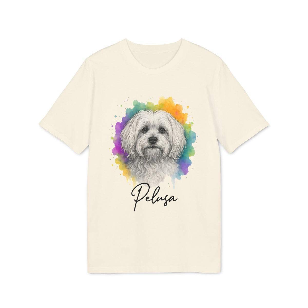 Maltese Personalized Dog Premium Unisex T-Shirt con ilustración de Maltés estilo acuarela y nombre personalizado 