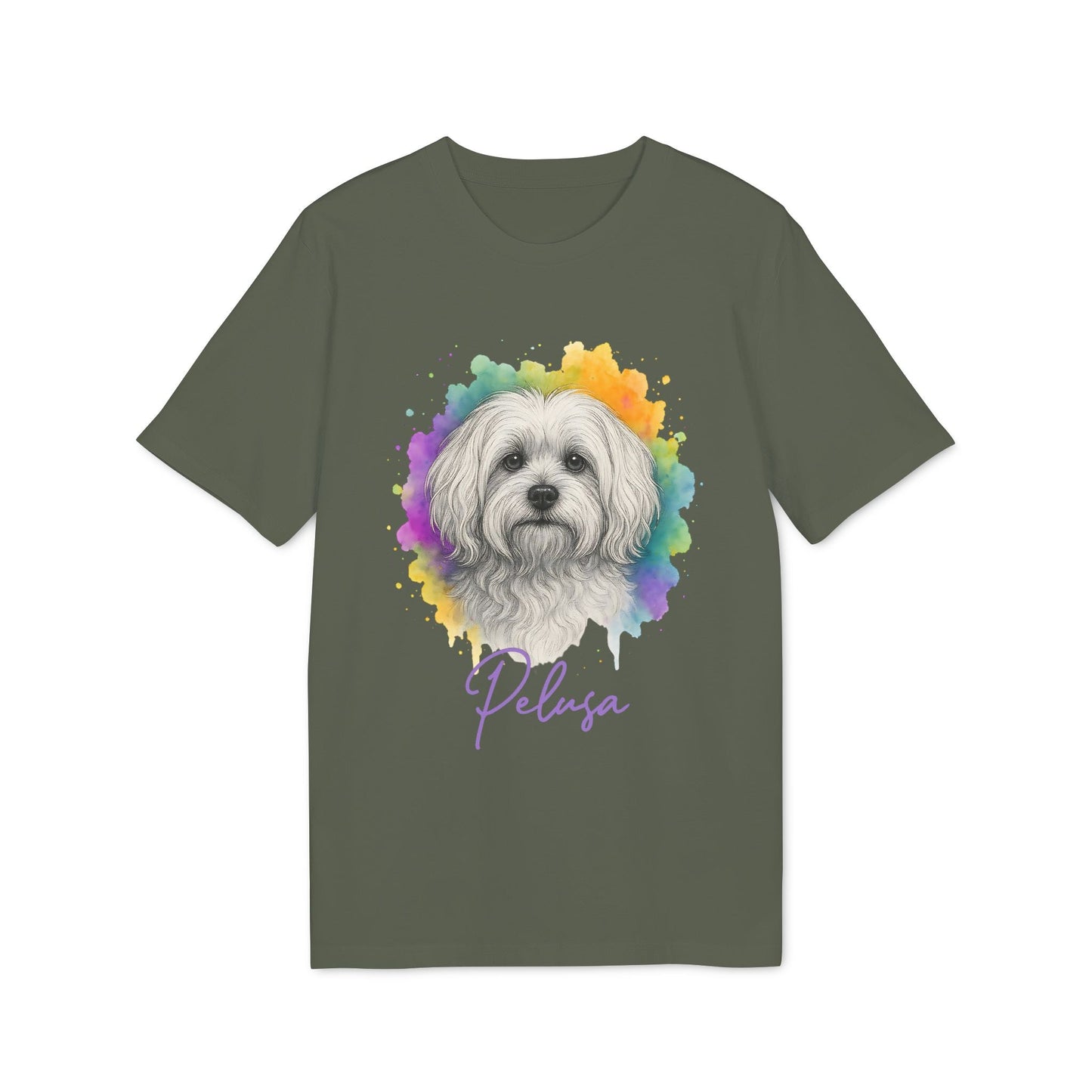 Alt Tag: Maltese Personalized Dog Premium Unisex T-Shirt with Maltese portrait and custom name "Pelusa" on olive green tee