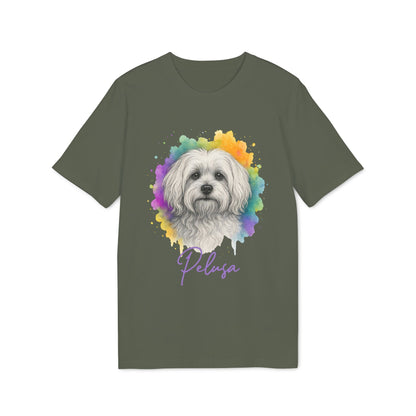 Alt Tag: Maltese Personalized Dog Premium Unisex T-Shirt with Maltese portrait and custom name "Pelusa" on olive green tee
