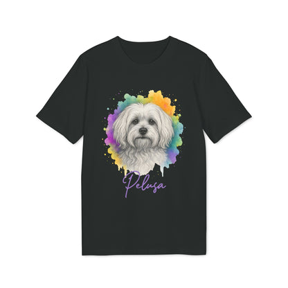 Alt Tag: Maltese Personalized Dog Premium Unisex T-Shirt in black with Maltese portrait and colorful watercolor splash, personalized name text