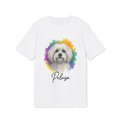 Alt Tag: Maltese Personalized Dog Premium Unisex T-Shirt blanca con ilustración de Maltés acuarela y nombre personalizado "Pelusa"