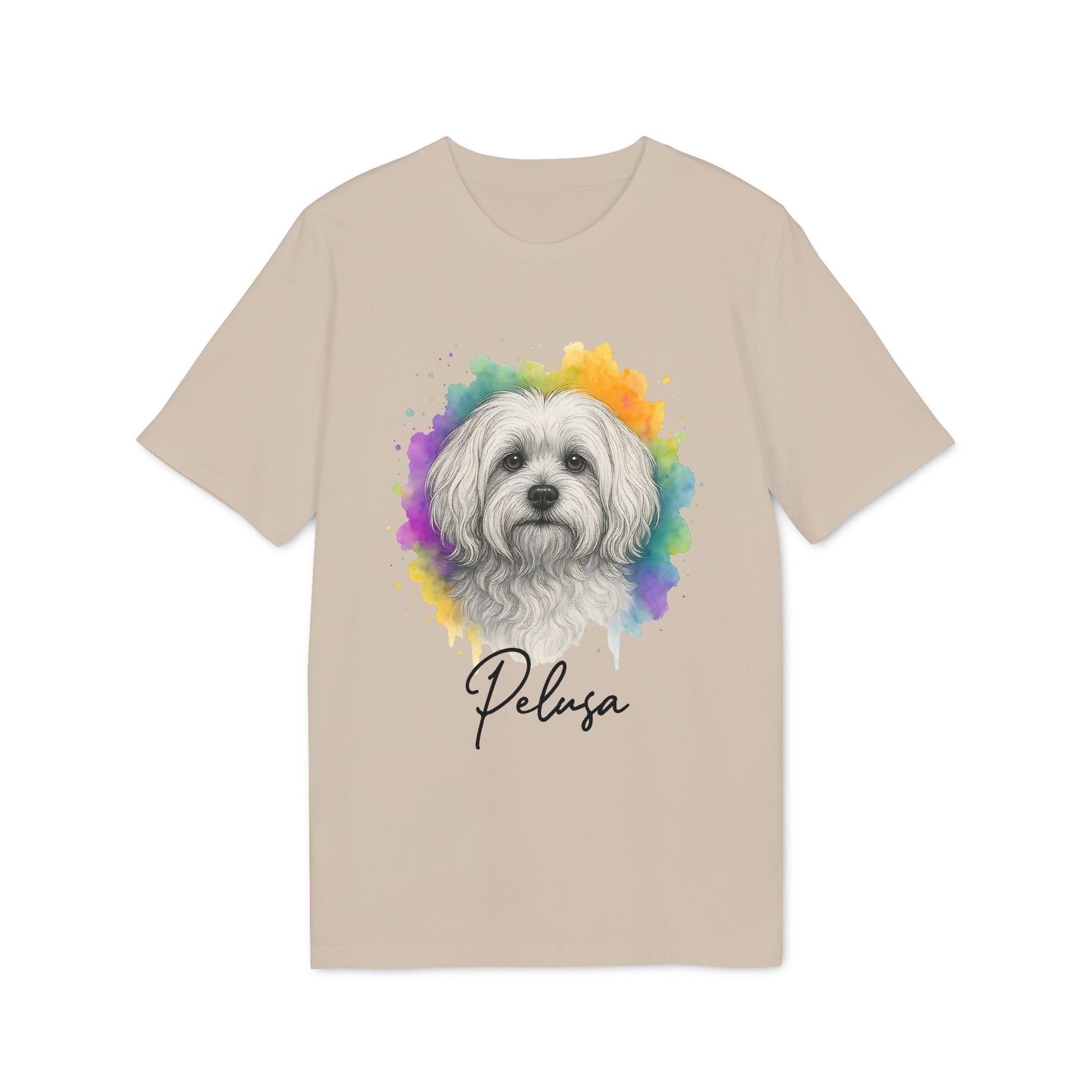 Maltese Personalized Dog Premium Unisex T-Shirt beige tee with Maltese portrait and custom name "Pelusa"