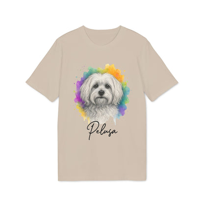 Maltese Personalized Dog Premium Unisex T-Shirt beige tee with Maltese portrait and custom name "Pelusa"