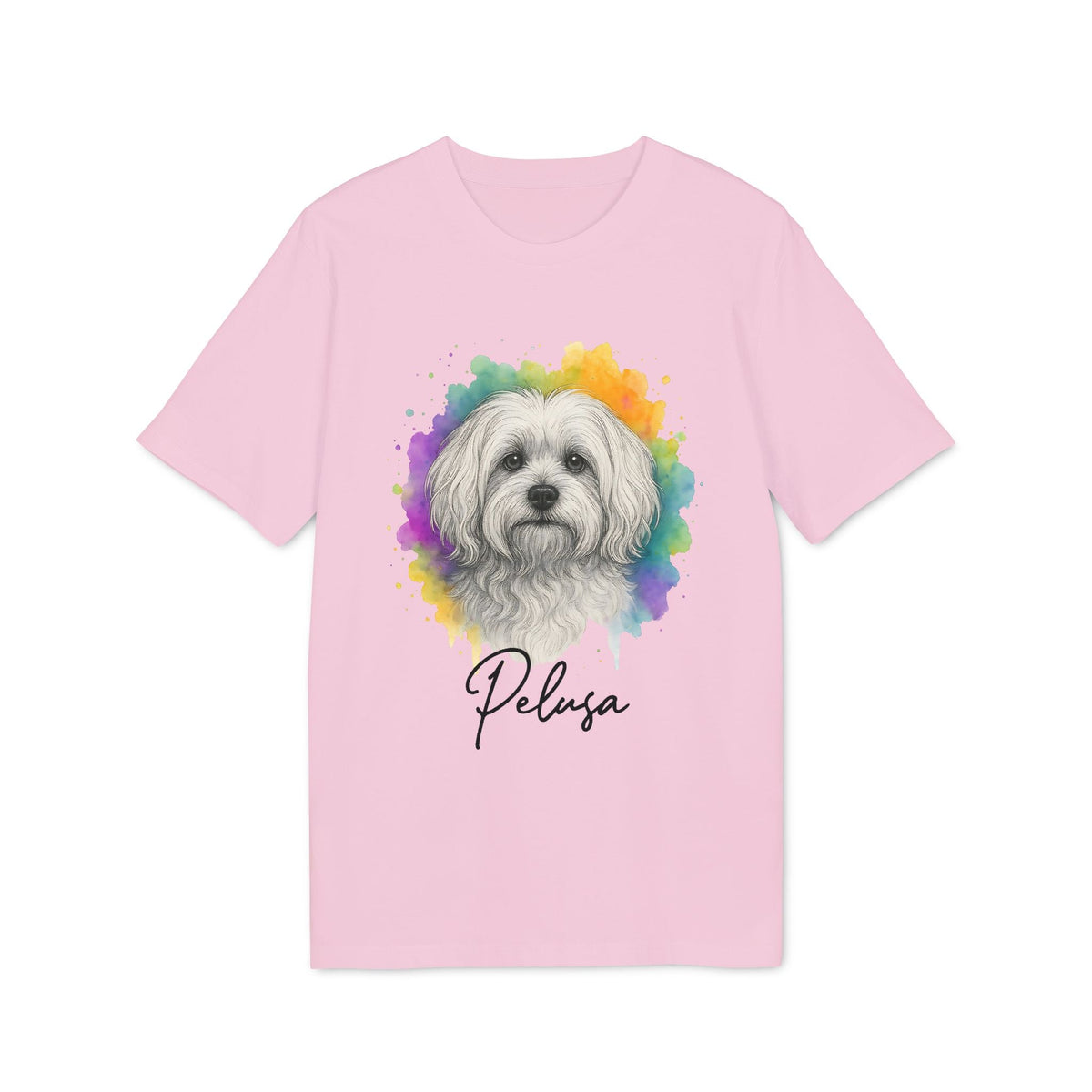 Maltese Personalized Dog Premium Unisex T-Shirt rosa con ilustración de perro Maltés y nombre personalizado “Pelusa”
