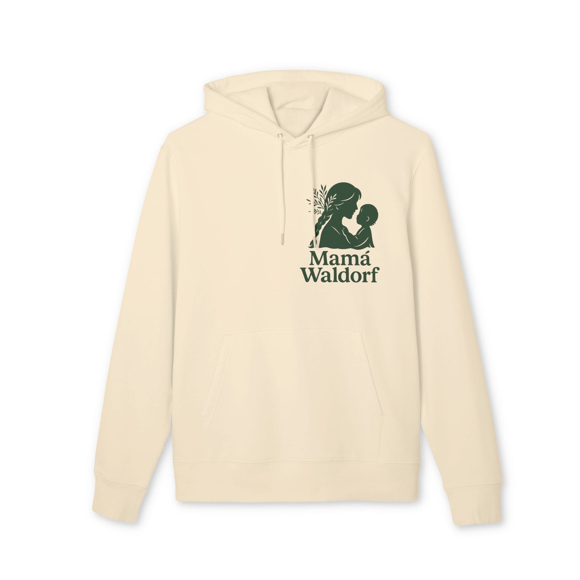 Alt Tag: Sudadera premium Unisex con capucha color crema y bolsillo canguro, estampado Mamá Waldorf en el pecho