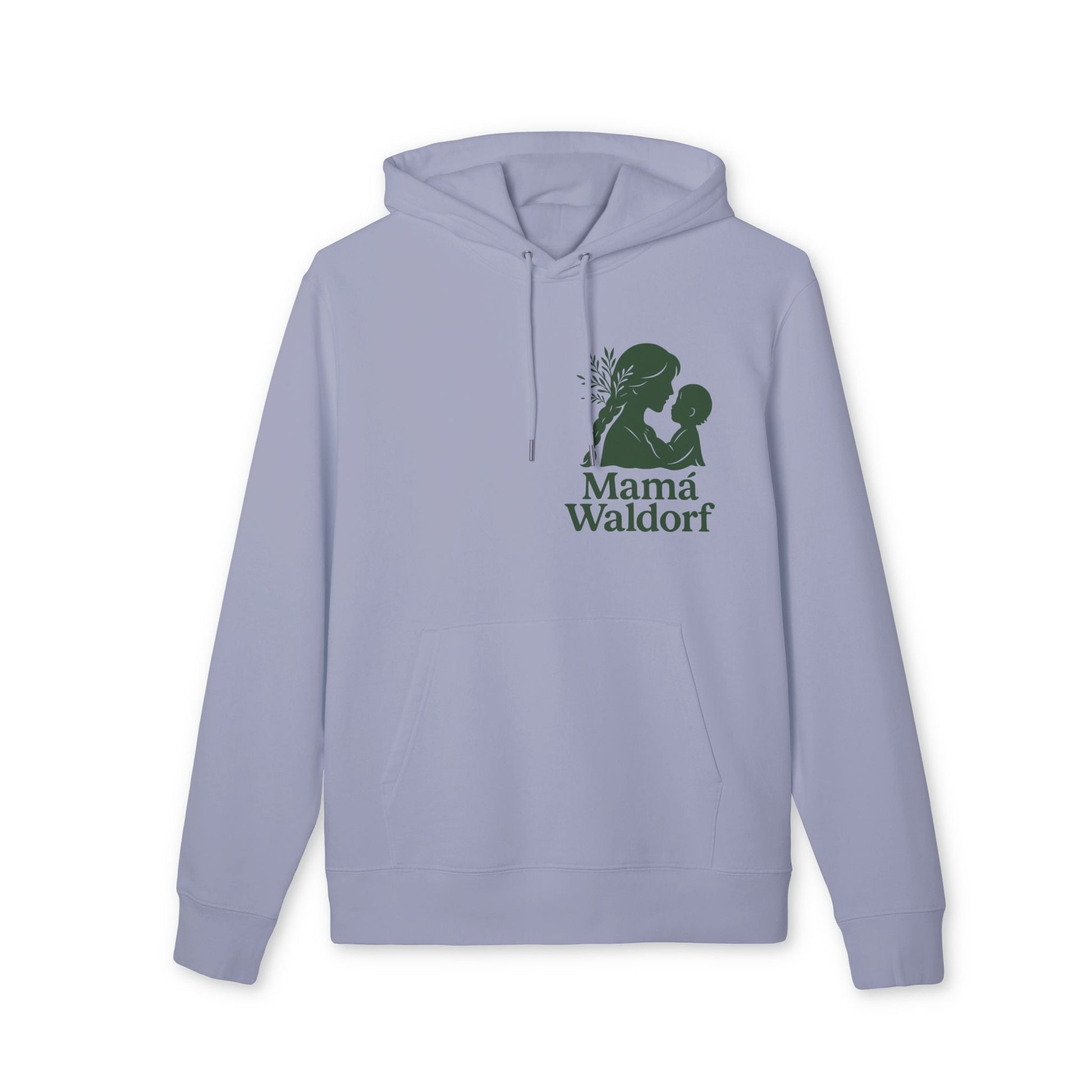 Alt Tag: Mamá Waldorf Premium Unisex Hoodie de algodón orgánico, sudadera con capucha gris claro con diseño Mamá Waldorf en el pecho