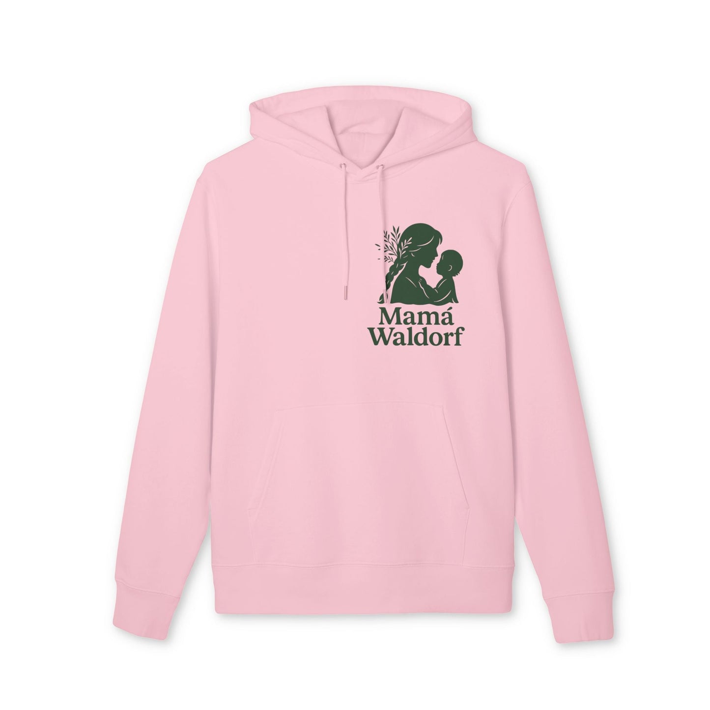 Alt Tag: Sudadera con capucha Premium Unisex Mamá Waldorf rosa con capucha y cordones, diseño gráfico Mamá Waldorf en el pecho