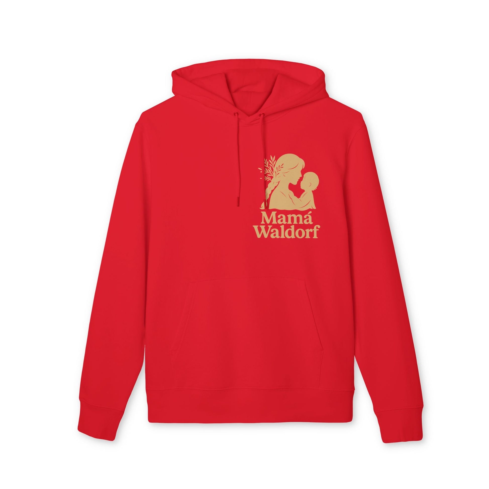 Alt Tag: Hoodie Premium Unisex Mamá Waldorf rojo con capucha y cordón, diseño "Mamá Waldorf" con madre y bebé en el pecho