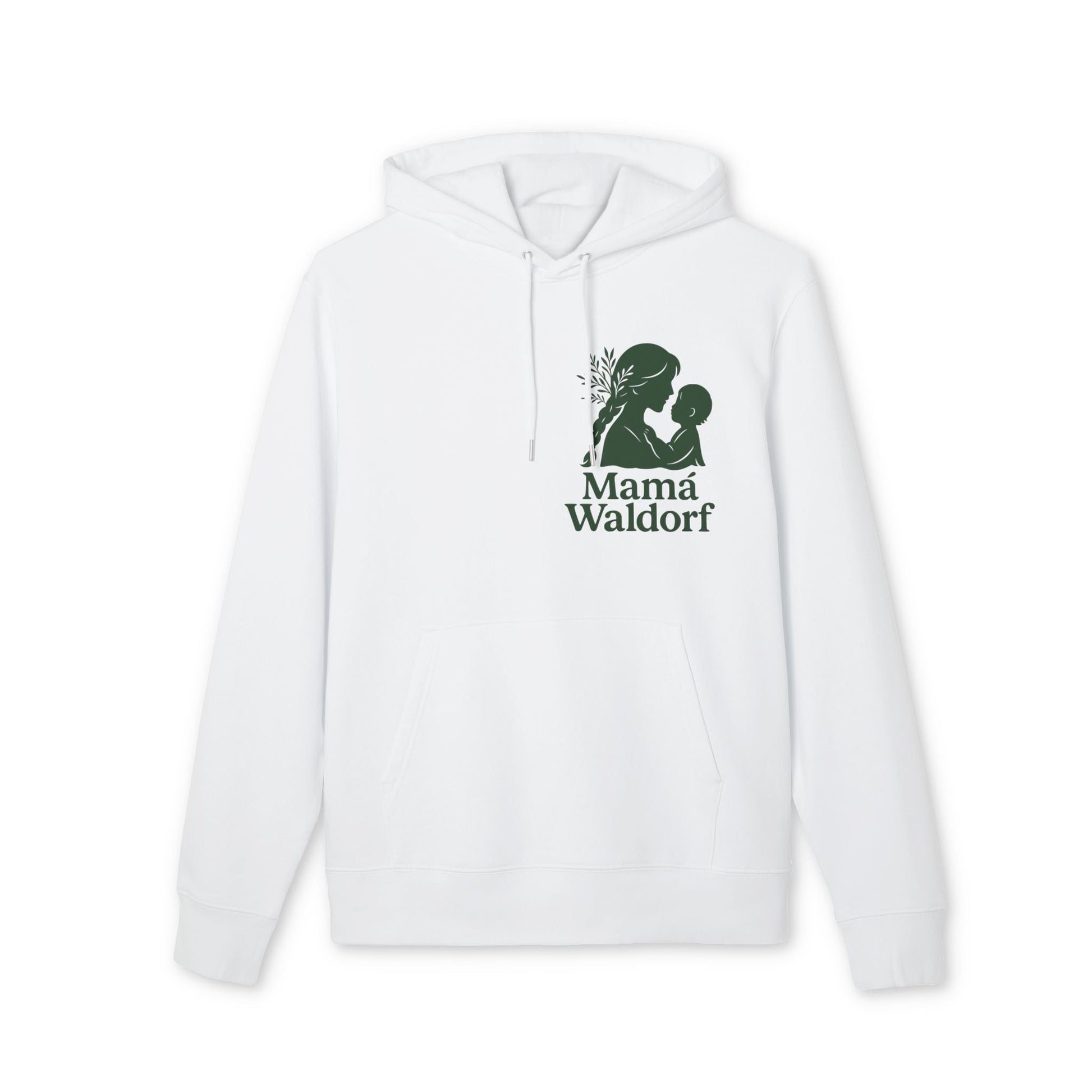 Mamá Waldorf Premium Unisex Hoodie blanco de algodón orgánico con capucha y logo Mamá Waldorf estampado en el pecho