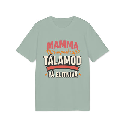 Alt-Tag: Mamma Tålamod På Elitnivå Mamma Superkrafter Sustainable Unisex Tee, grünes Unisex T-Shirt mit schwedischem Text „Mamma… tålamod“