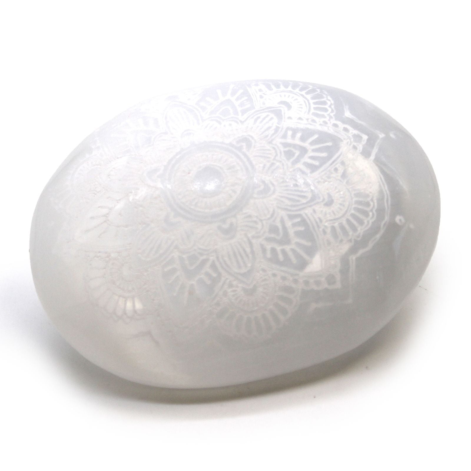 Alt Tag: Mandala-Engraved Selenite Stone – 7x5x2 CM, white palm stone with detailed mandala engraving