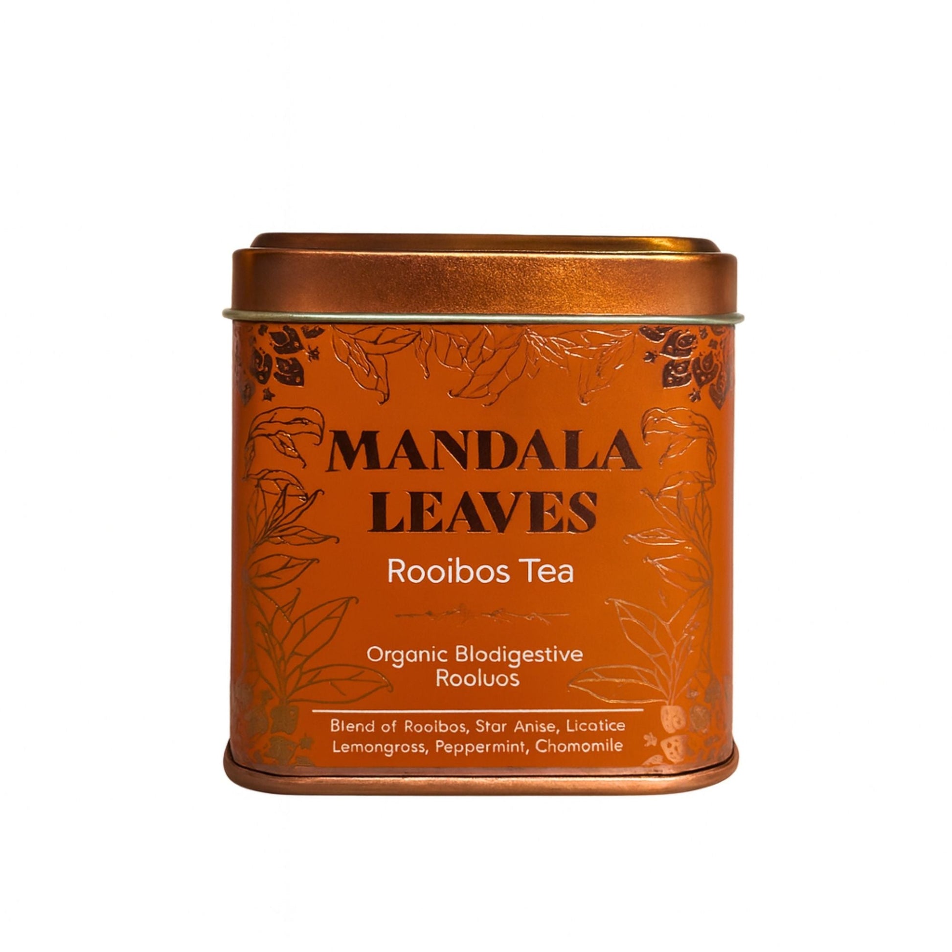 Alt Tag: Organic Biodigest Rooibos – 50 g Mandala Leaves Rooibos Tea en lata, infusión herbal sin cafeína, 50 g