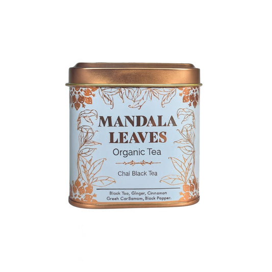Alt Tag: Organic Chai Black Tea – 50 g Mandala Leaves tin of organic chai black tea with ginger, cinnamon, green cardamom and black pepper