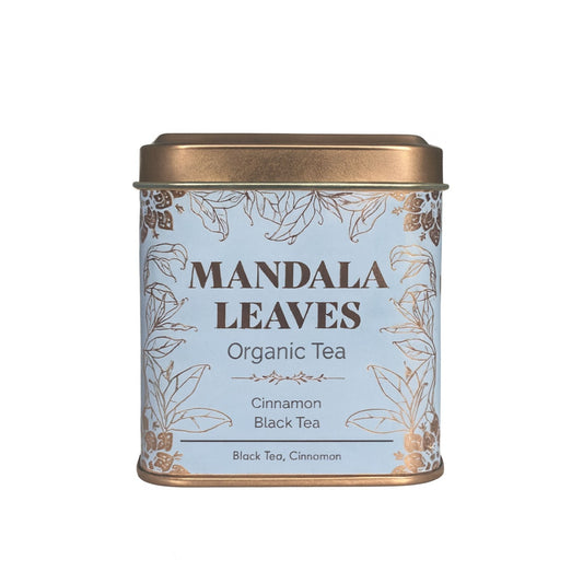 Alt Tag: Organic Cinnamon Black Tea – 50 g in Mandala Leaves tin, organic tea with cinnamon black tea blend