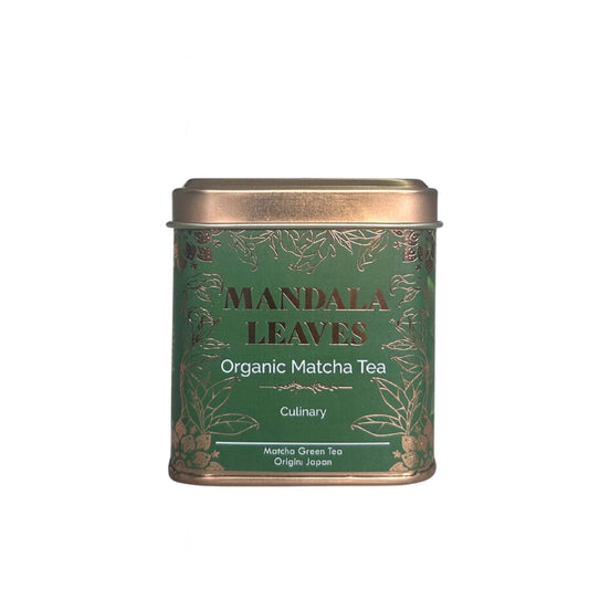 Ekologiskt matcha-te för matlagning – 50 g, Mandala Leaves ekologiskt matcha-te för matlagning i plåtburk, stenmalet grönt te i pulverform, ursprung Japan