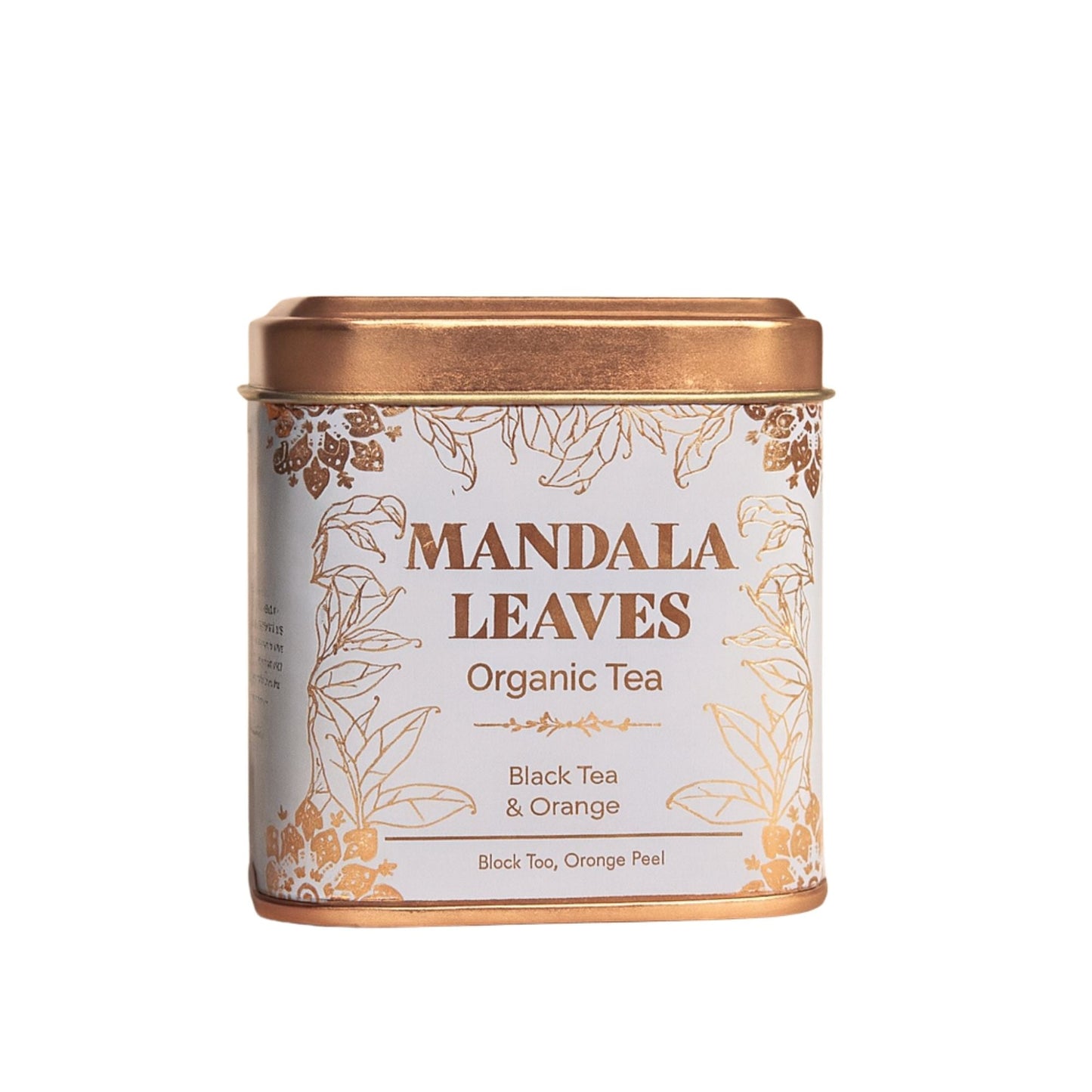 Alt Tag: Té negro orgánico Naranja – 50 g Mandala Leaves Té orgánico en lata, té negro y naranja con diseño floral