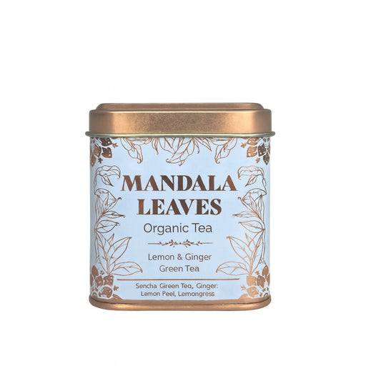 Alt-Tag: Bio-Sencha-Grüntee – Zitrone & Ingwer, 50G in der Mandala-Leaves-Dose, Bio-Tee mit Zitrone und Ingwer
