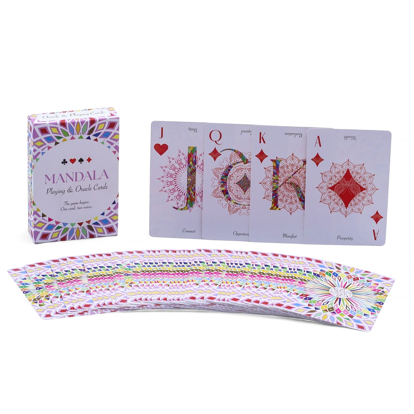 Mandala Playing & Oracle Cards – Kaleidoscope Symmetry deck with box and fanned cards featuring vibrant geometric mandala designs