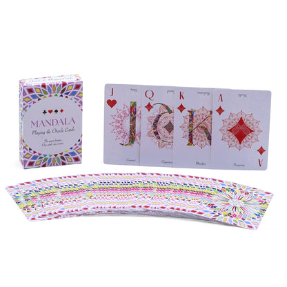 Mandala Playing & Oracle Cards – Kaleidoscope Symmetry deck with box and fanned cards featuring vibrant geometric mandala designs
