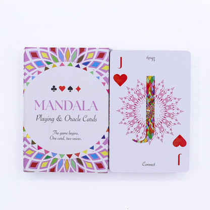 Alt Tag: Mandala Playing & Oracle Cards – Kaleidoscope Symmetry deck box and Jack of Hearts card with colorful mandala design