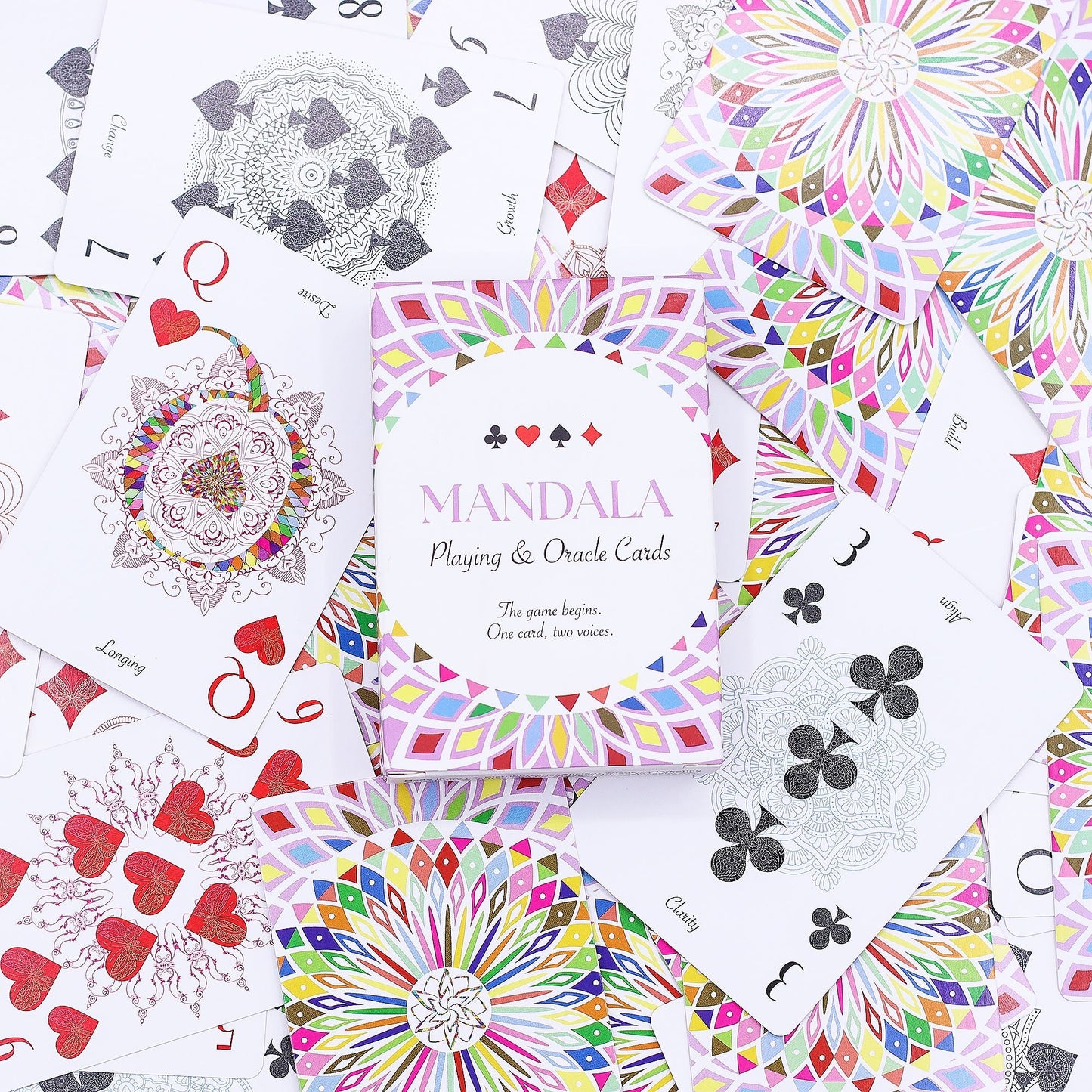 Mandala Playing & Oracle Cards – Kaleidoscope Symmetry deck box with colorful mandala patterns and playing cards spread