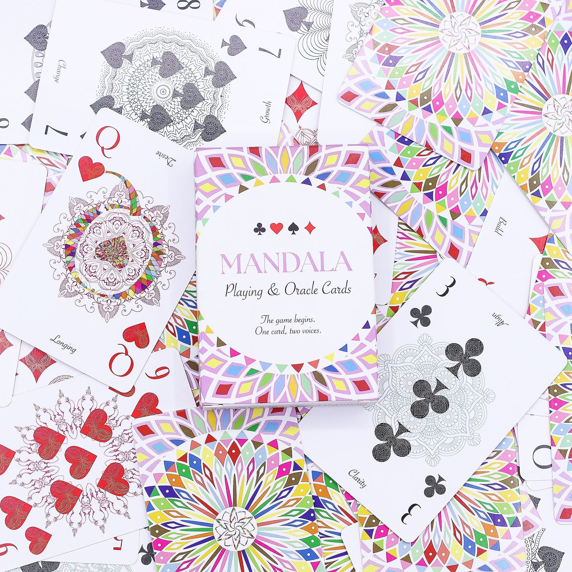 Mandala Playing & Oracle Cards – Kaleidoscope Symmetry deck box with colorful mandala patterns and playing cards spread