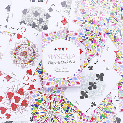 Mandala Playing & Oracle Cards – Kaleidoscope Symmetry deck box with colorful mandala patterns and playing cards spread