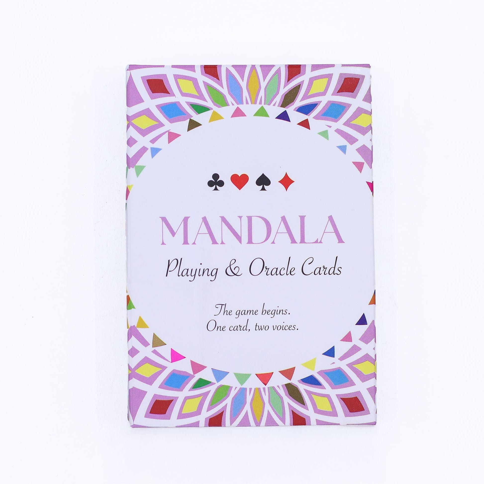 Mandala Playing & Oracle Cards – Kaleidoscope Symmetry deck box with colorful kaleidoscopic mandala border and card suit icons