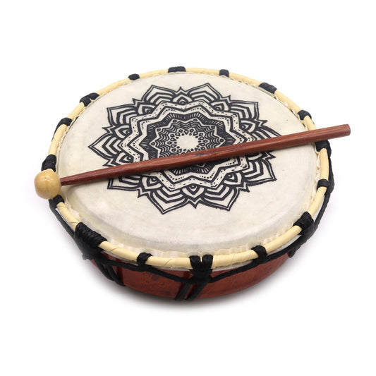 Alt Tag: Mandala Shamanic Drum with Sticks – 20 CM, handcrafted frame drum with black mandala design and wooden beater on white background