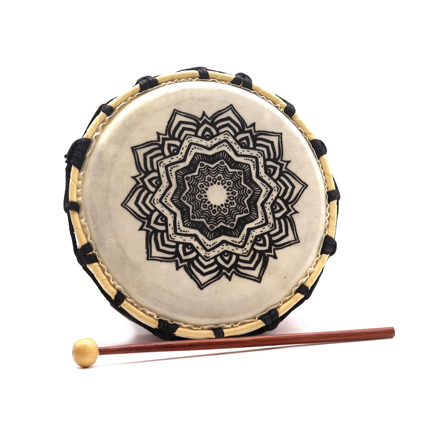 Mandala Shamanic Drum with Sticks – 20 CM, handcrafted frame drum with mandala design and wooden mallet