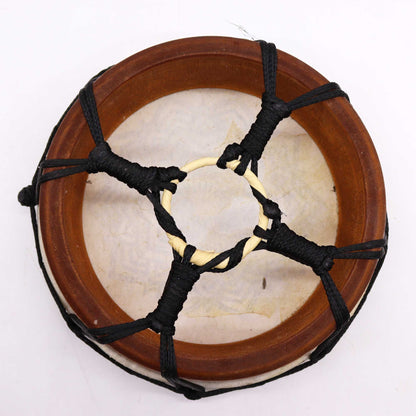 Mandala Shamanic Drum with Sticks – 20 CM, handheld frame drum with natural skin head and black cord lacing, rear view