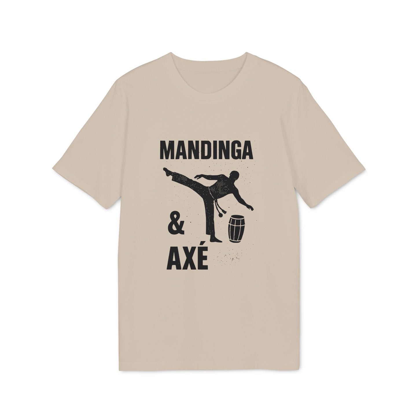 Alt Tag: Mandinga Axe Capoeira Premium Unisex T-Shirt beige tee with capoeira kick silhouette, berimbau and “Mandinga & Axé” graphic