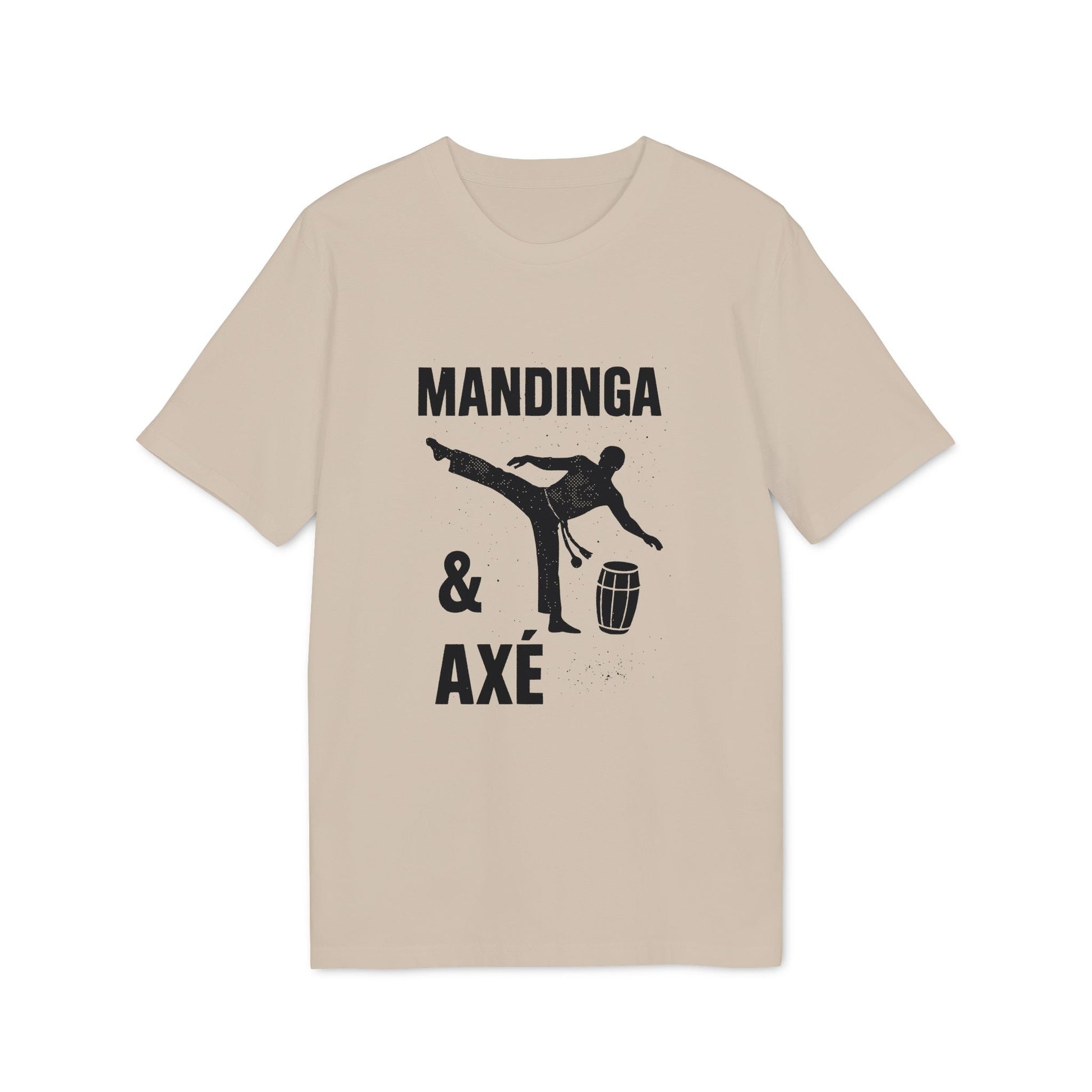 Alt Tag: Mandinga Axe Capoeira Premium Unisex T-Shirt beige tee with capoeira kick silhouette, berimbau and “Mandinga & Axé” graphic