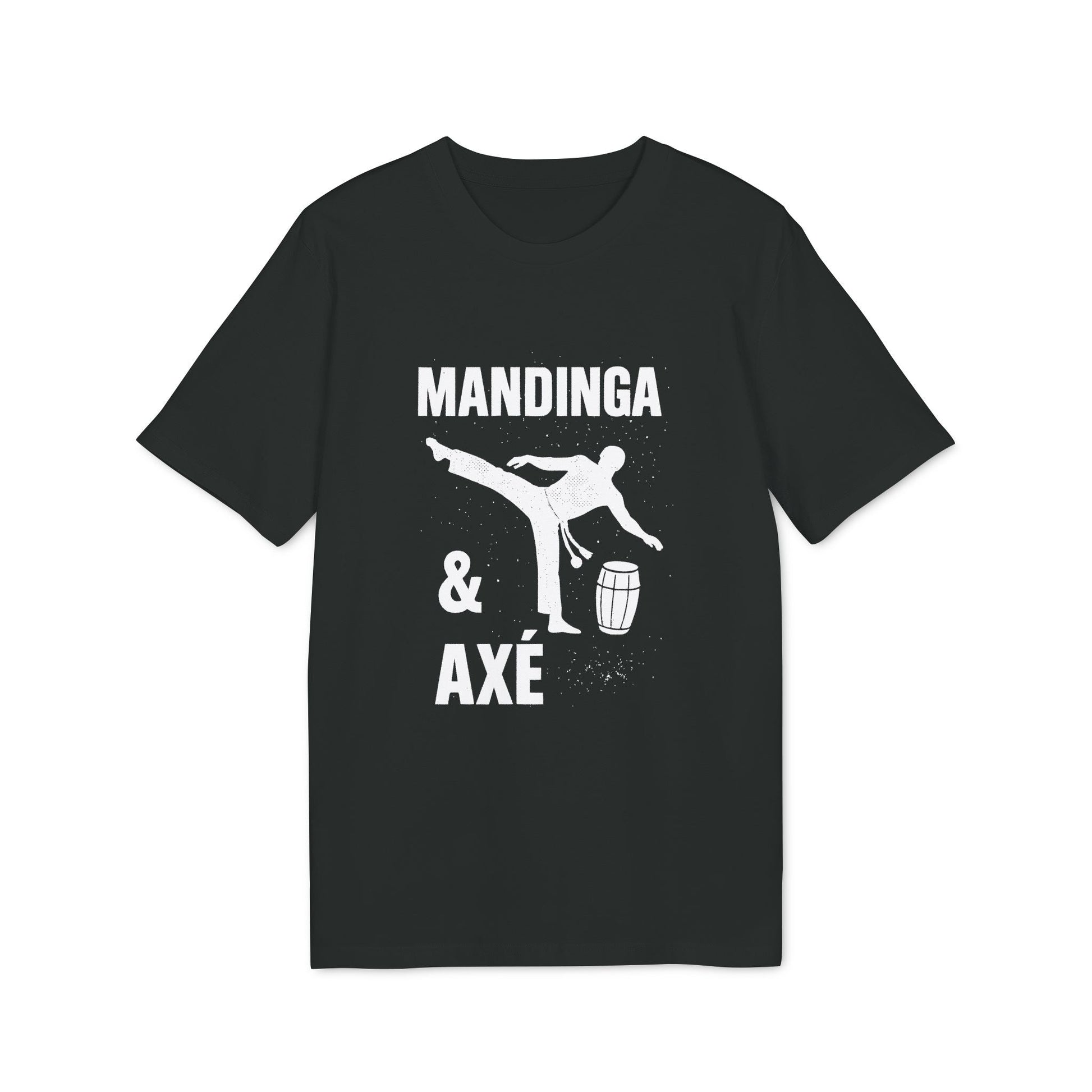 Alt Tag: Mandinga Axe Capoeira Premium Unisex T-Shirt negra con gráfico “Mandinga & Axé” y silueta de capoeirista con atabaque