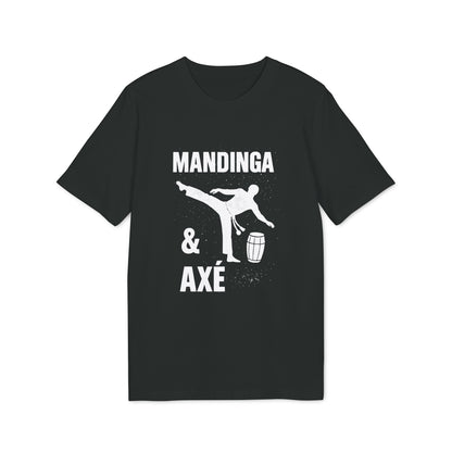 Alt Tag: Mandinga Axe Capoeira Premium Unisex T-Shirt negra con gráfico “Mandinga & Axé” y silueta de capoeirista con atabaque