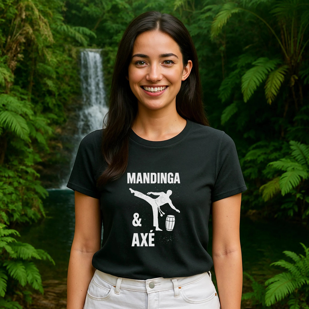 Mandinga Axe Capoeira Premium Unisex T-Shirt black tee with Mandinga & Axé capoeira graphic, worn by woman outdoors