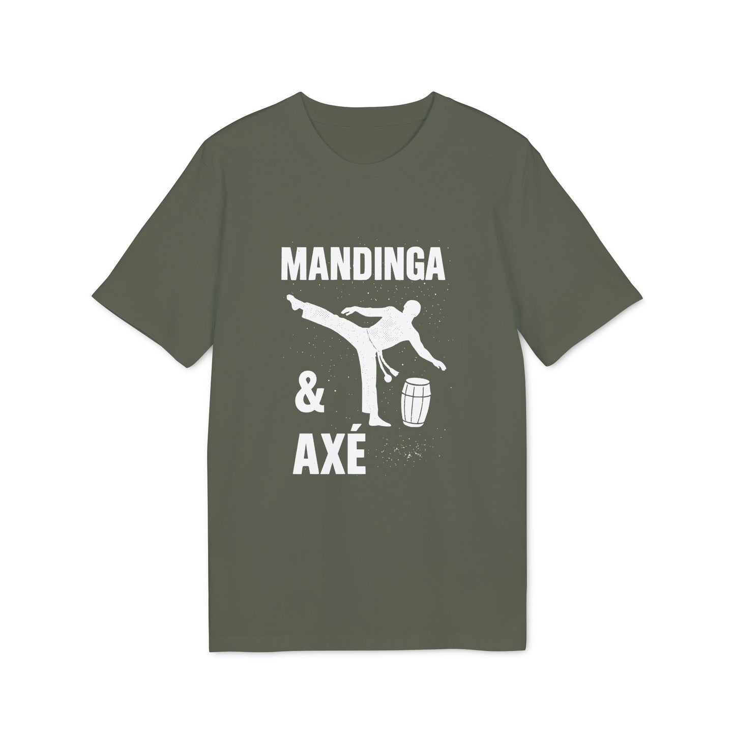 Alt Tag: Mandinga Axe Capoeira Premium Unisex T-Shirt in olive green with white capoeira kick graphic and “MANDINGA & AXÉ” text