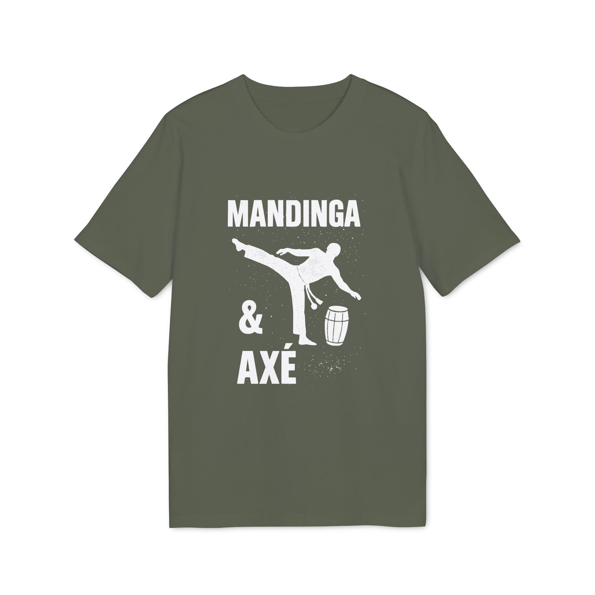 Alt Tag: Mandinga Axe Capoeira Premium Unisex T-Shirt in olive green with white capoeira kick graphic and “MANDINGA & AXÉ” text