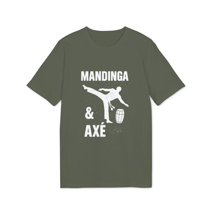 Alt Tag: Mandinga Axe Capoeira Premium Unisex T-Shirt in olive green with white capoeira kick graphic and “MANDINGA & AXÉ” text