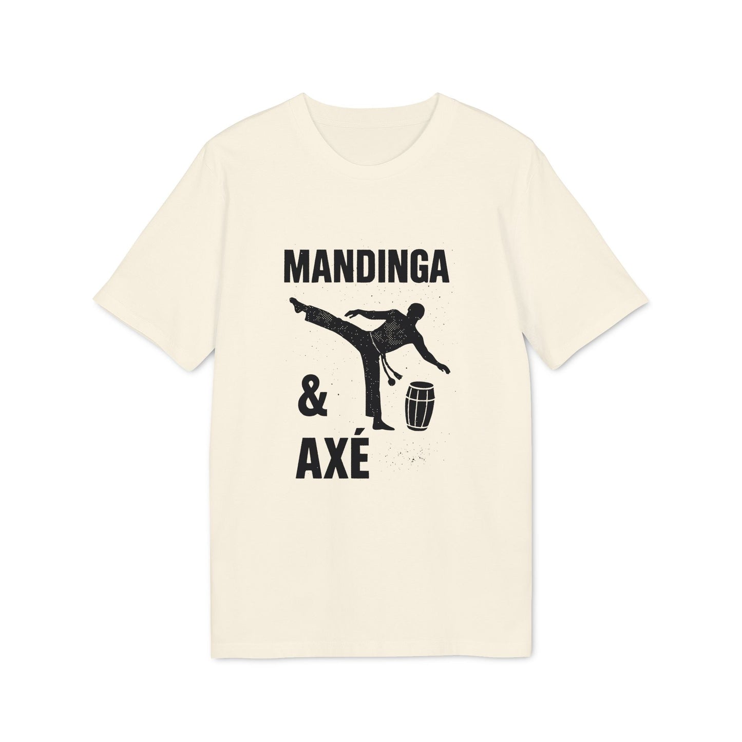 Alt Tag: Mandinga Axe Capoeira Premium Unisex T-Shirt en color crema con gráfico de capoeira y texto “Mandinga & Axé”