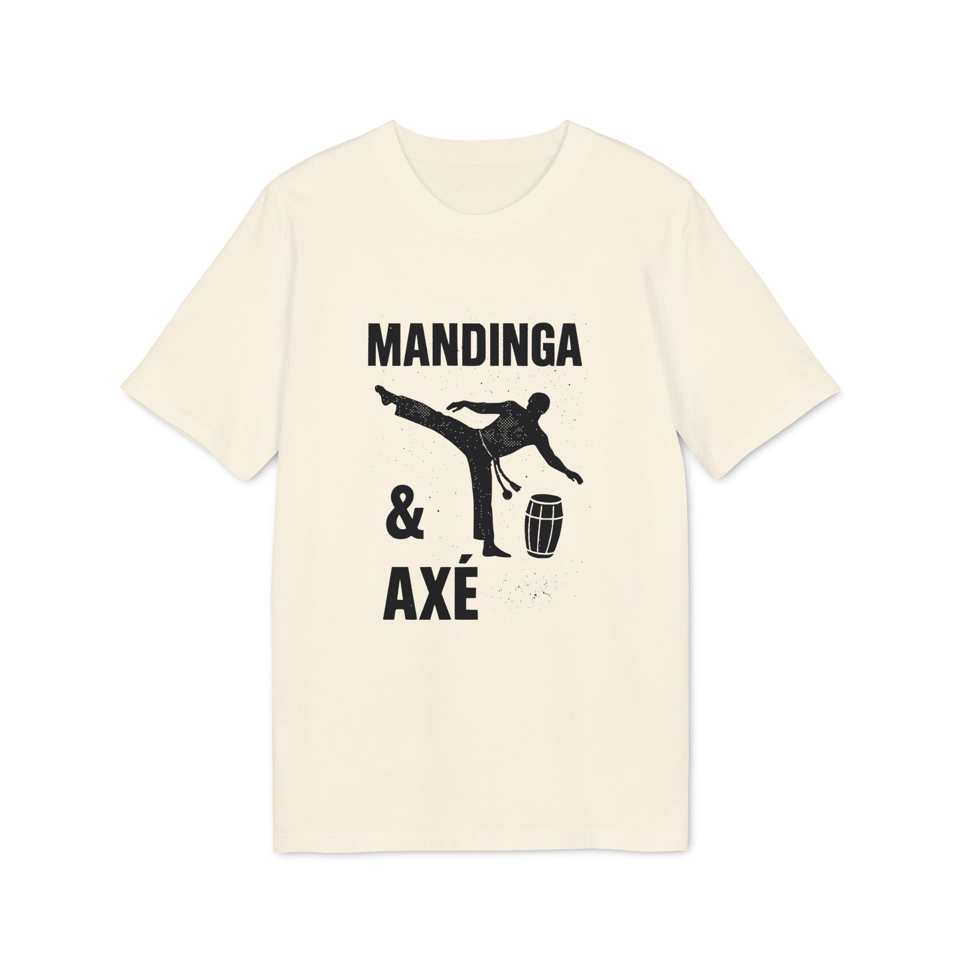 Alt Tag: Mandinga Axe Capoeira Premium Unisex T-Shirt en color crema con gráfico de capoeira y texto “Mandinga & Axé”