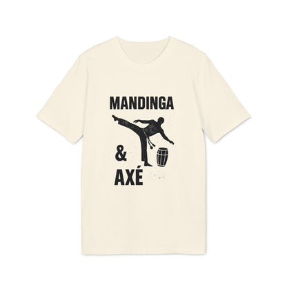 Alt Tag: Mandinga Axe Capoeira Premium Unisex T-Shirt en color crema con gráfico de capoeira y texto “Mandinga & Axé”
