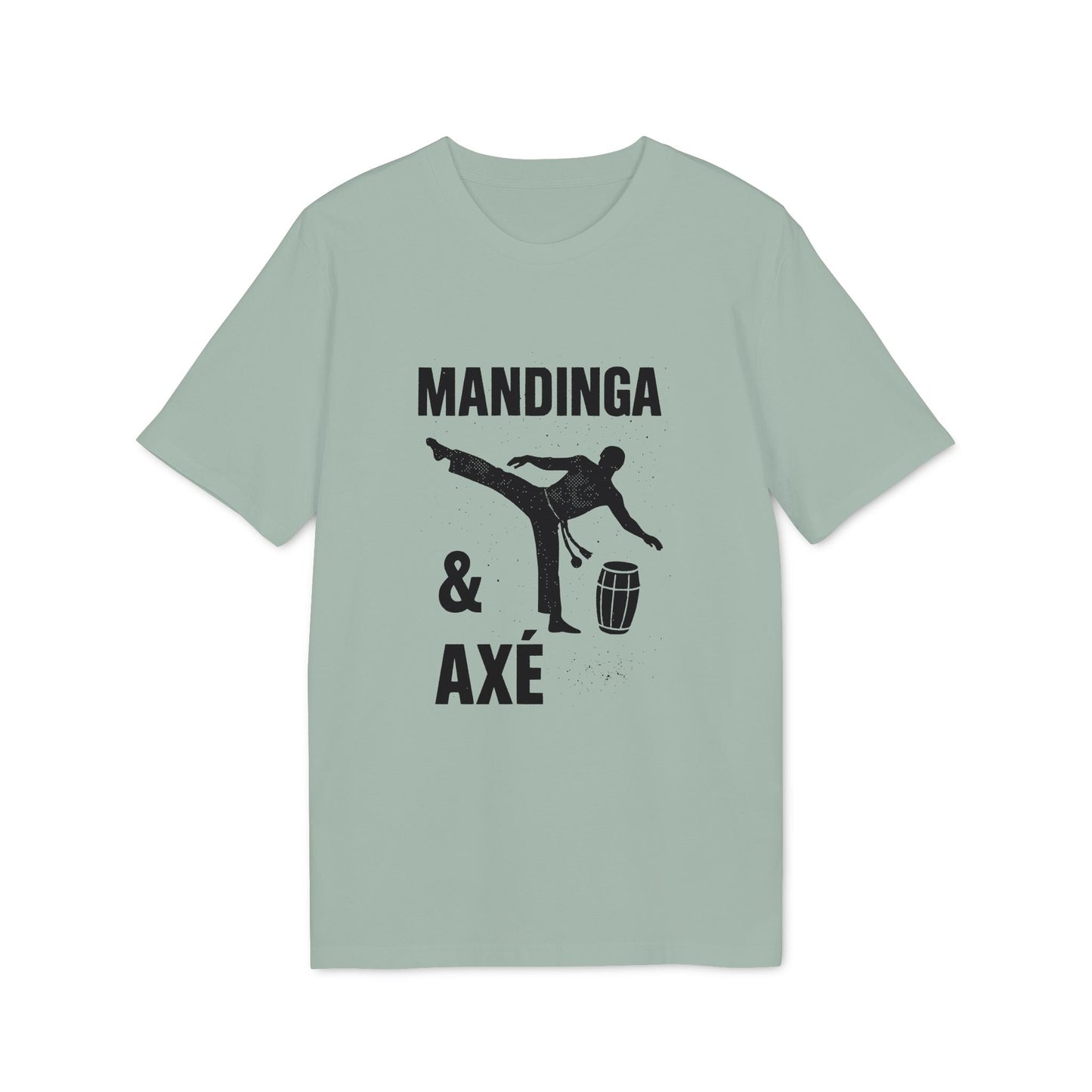 Mandinga Axe Capoeira Premium Unisex T-Shirt in sage green with “Mandinga & Axé” capoeira kick silhouette and drum graphic