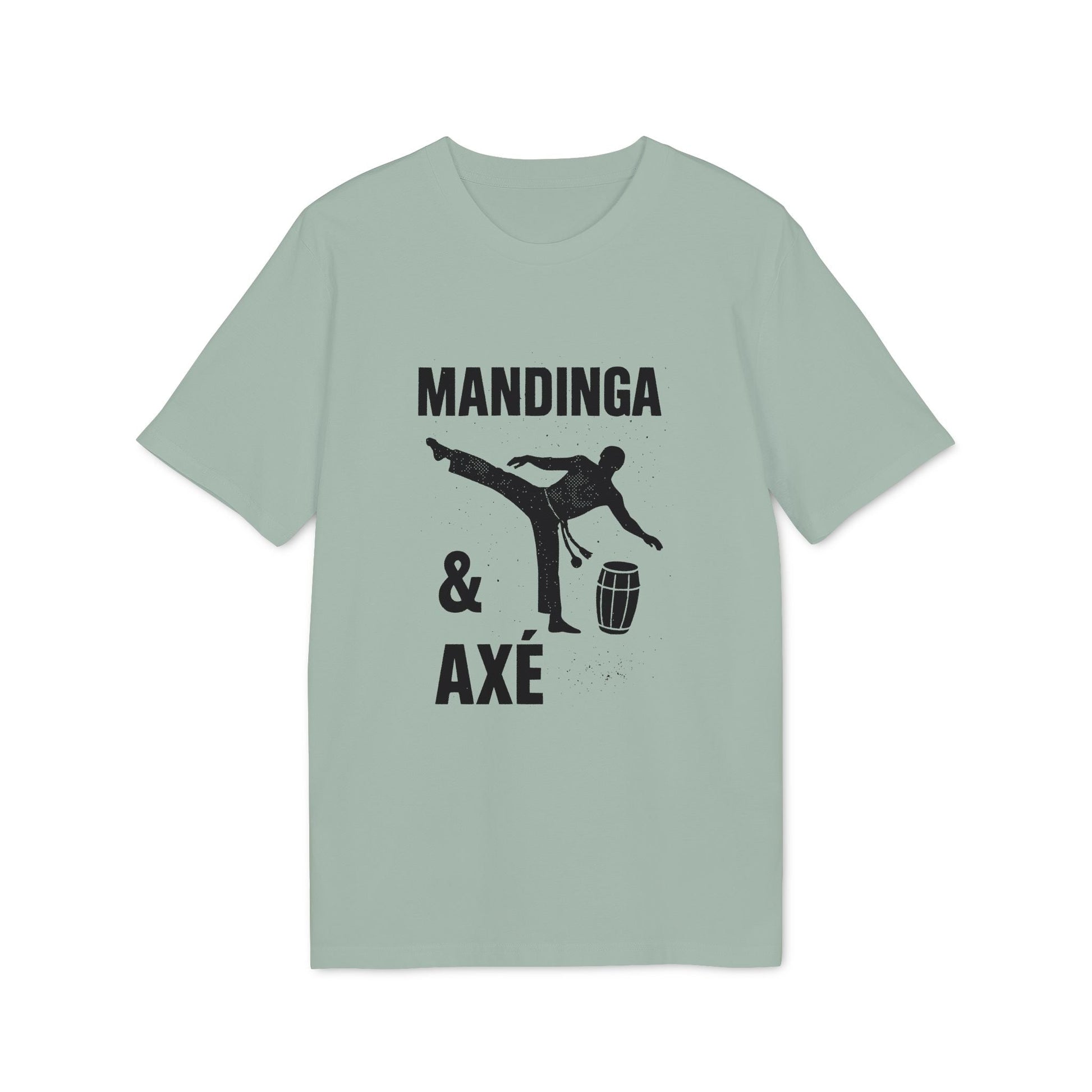 Mandinga Axe Capoeira Premium Unisex T-Shirt in sage green with “Mandinga & Axé” capoeira kick silhouette and drum graphic