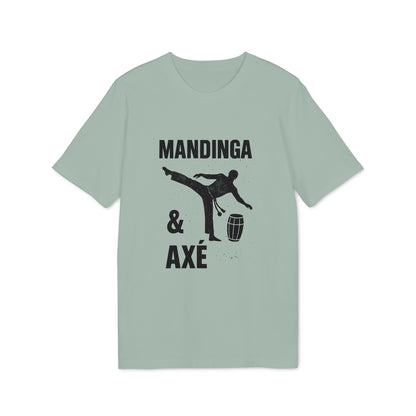 Mandinga Axe Capoeira Premium Unisex T-Shirt in sage green with “Mandinga & Axé” capoeira kick silhouette and drum graphic