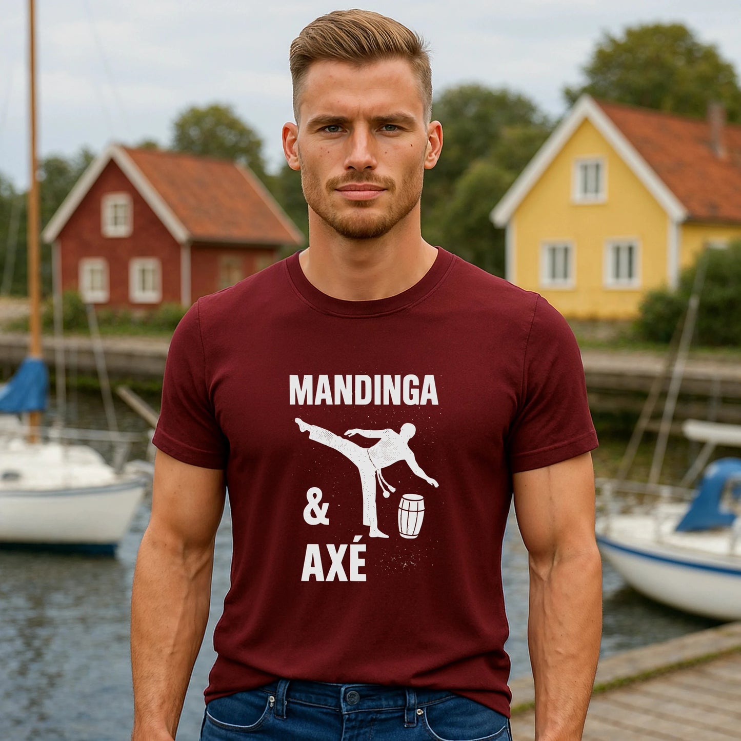 Mandinga Axe Capoeira Premium Unisex T-Shirt burgundy, capoeira graphic print, model wearing crewneck tee outdoors