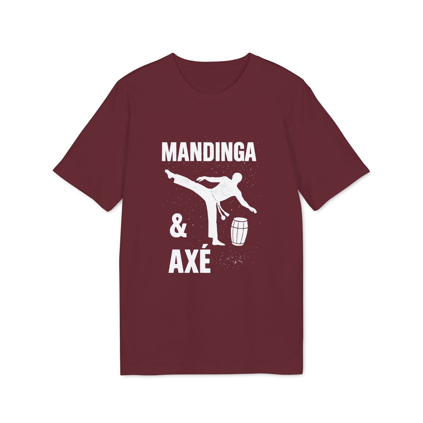Mandinga Axe Capoeira Premium Unisex T-Shirt burgundy with white “Mandinga & Axé” capoeira kick and berimbau graphic
