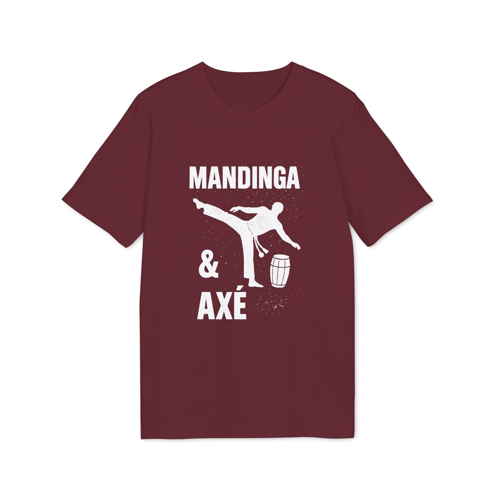 Mandinga Axe Capoeira Premium Unisex T-Shirt burgundy with white “Mandinga & Axé” capoeira kick and berimbau graphic
