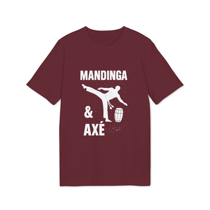 Mandinga Axe Capoeira Premium Unisex T-Shirt burgundy with white “Mandinga & Axé” capoeira kick and berimbau graphic